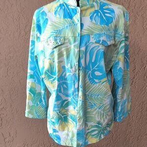 Sea Suns Vintage Women's Tropical Print Button-Up 3/4 Sleeves Shirt Size Medium